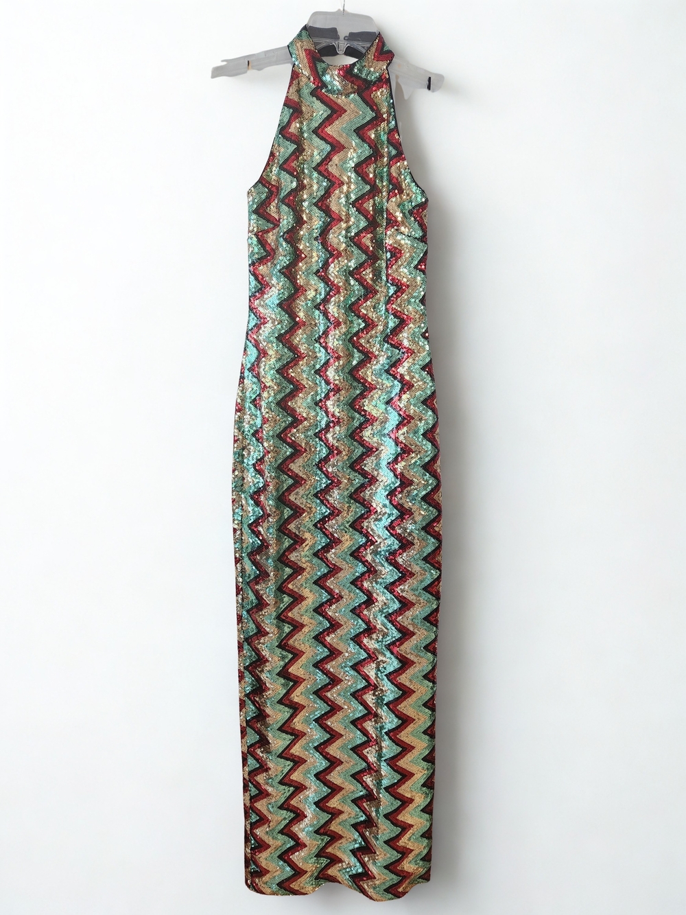 Sequin Chevron Halter Maxi Dress in Mint Red Black & Gold Juniors Size Small